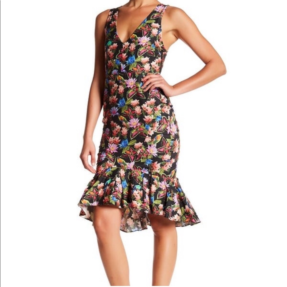 Nicole Miller Floral Hi-Low Ruffle Jungle Dress